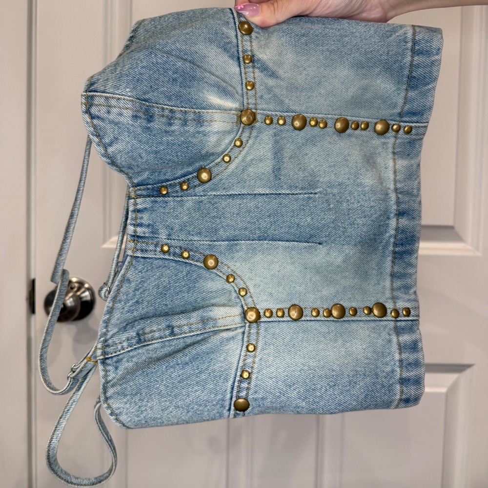 Forever 21 Denim Corset Top Studded‎ Bustier Light Wash Blue Size Small NWT - Picture 3 of 4